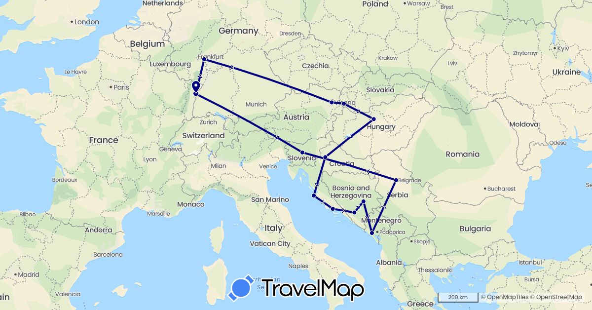 TravelMap itinerary: driving in Austria, Bosnia and Herzegovina, Germany, France, Croatia, Hungary, Montenegro, Serbia, Slovenia, Slovakia (Europe)